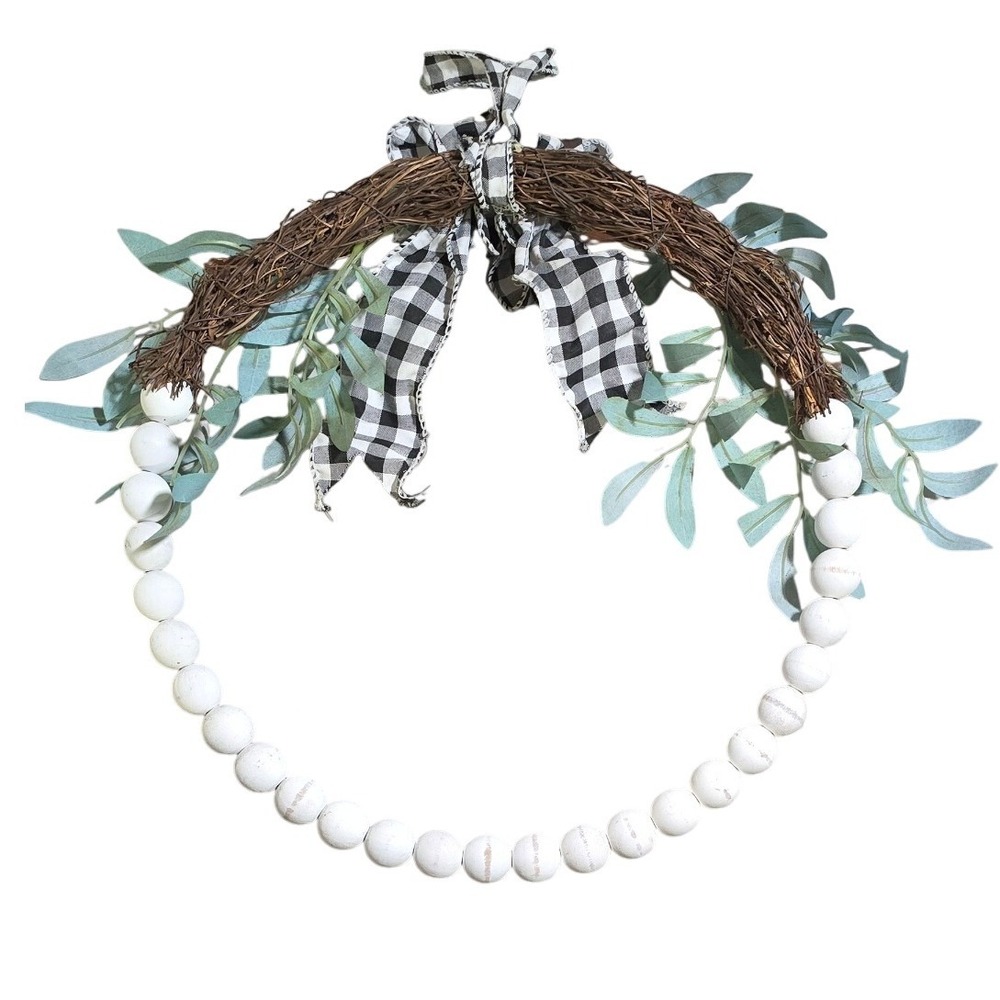 16" Farmhouse Beaded‎ Wreath White Beads Buffalo Plaid Bow Spring Summer Decor